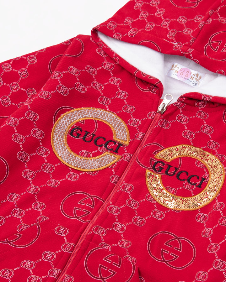 Girl Red Patterned Zip-up Hoodie