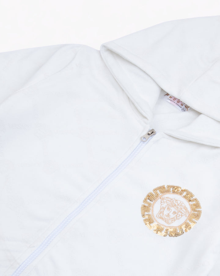 Girl White Patterned Zip-up Hoodie