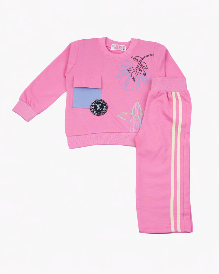 Girl Pink Butterfly Patch Crewneck & Stripe Pant Set