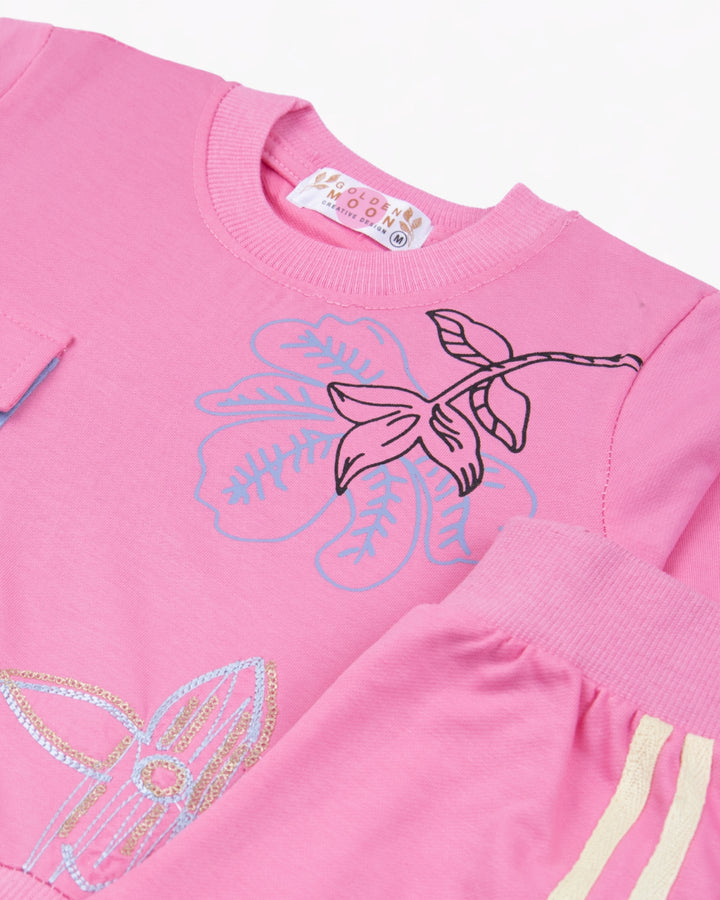 Girl Pink Butterfly Patch Crewneck & Stripe Pant Set