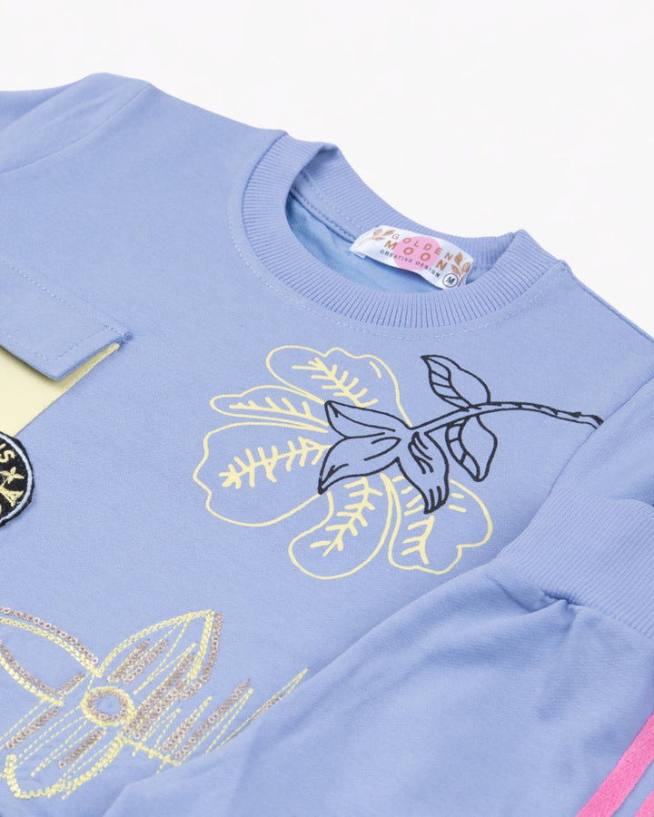 Girl Blue Butterfly Patch Crewneck & Stripe Pant Set