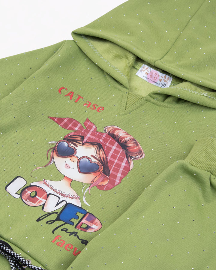 Girl Green Cartoon Hoodie and Pant Set