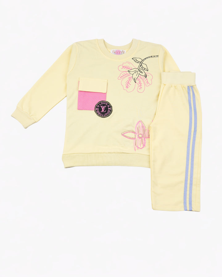Girl Yellow Butterfly Patch Crewneck & Stripe Pant Set