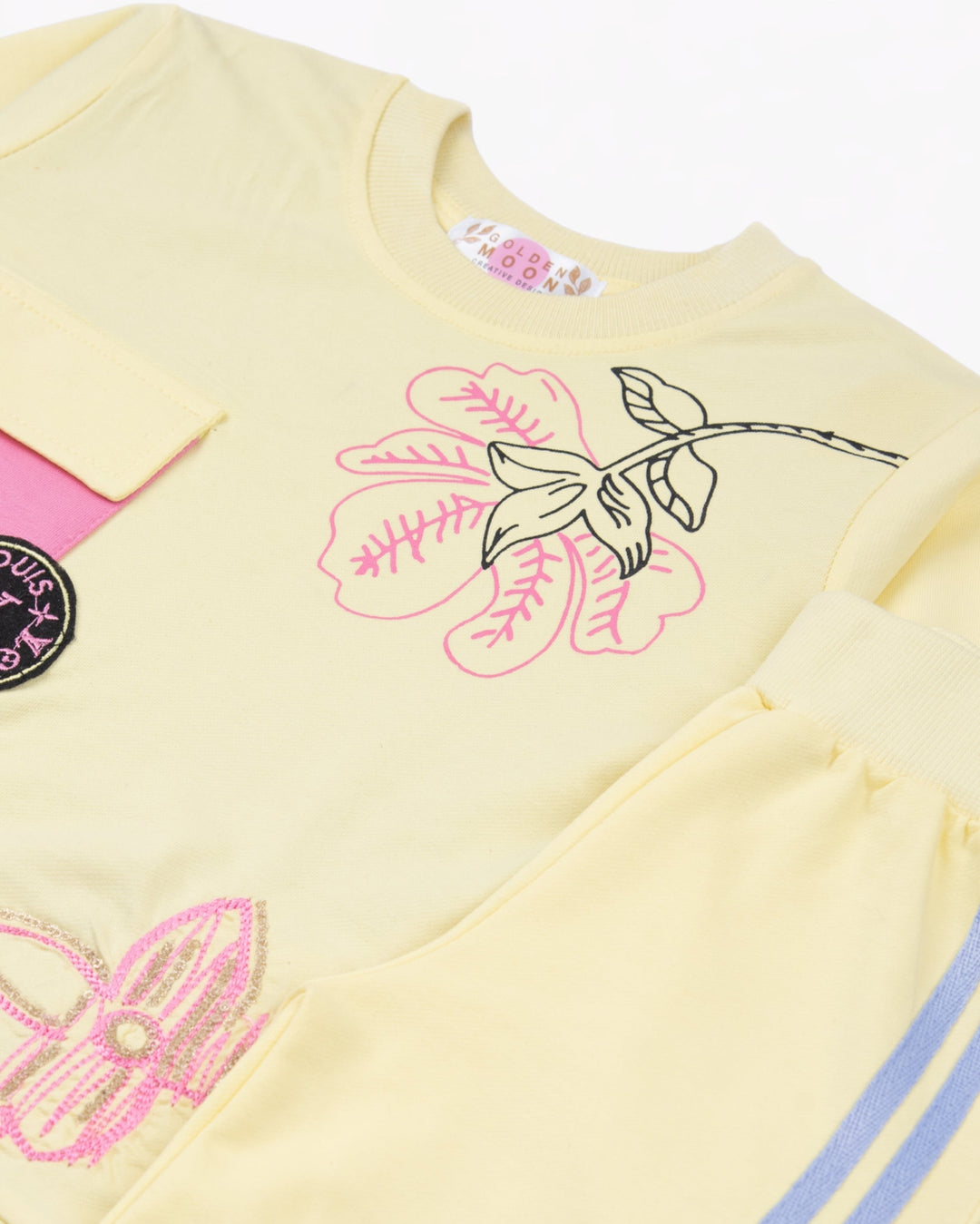 Girl Yellow Butterfly Patch Crewneck & Stripe Pant Set