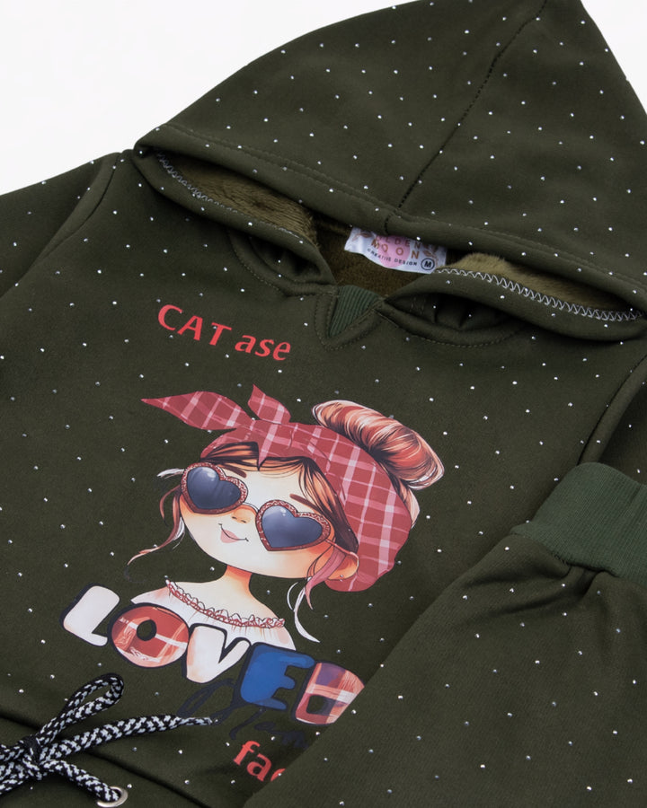Girl Olive Cartoon Hoodie and Pant Set