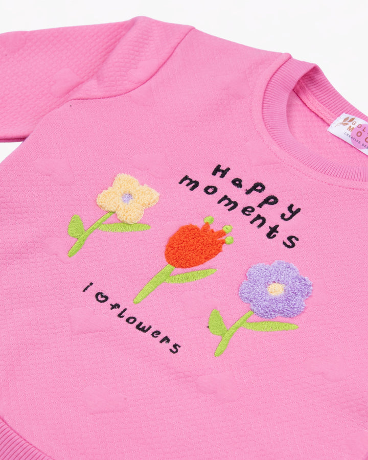 Girl Pink Happy Flowers Crewneck Sweatshirt