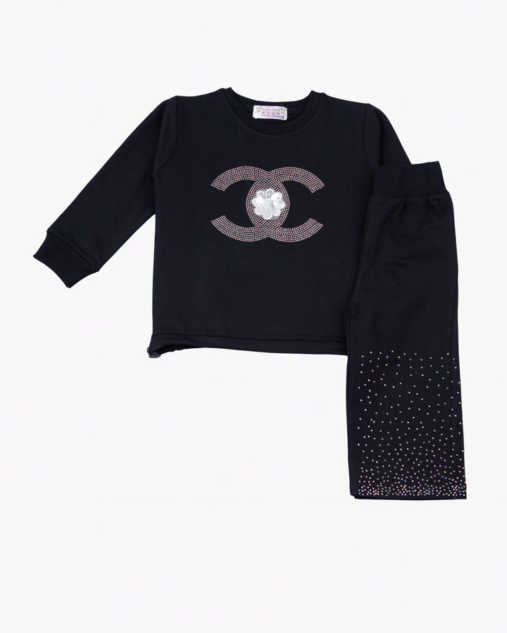Girl Black Crewneck and Pant Set