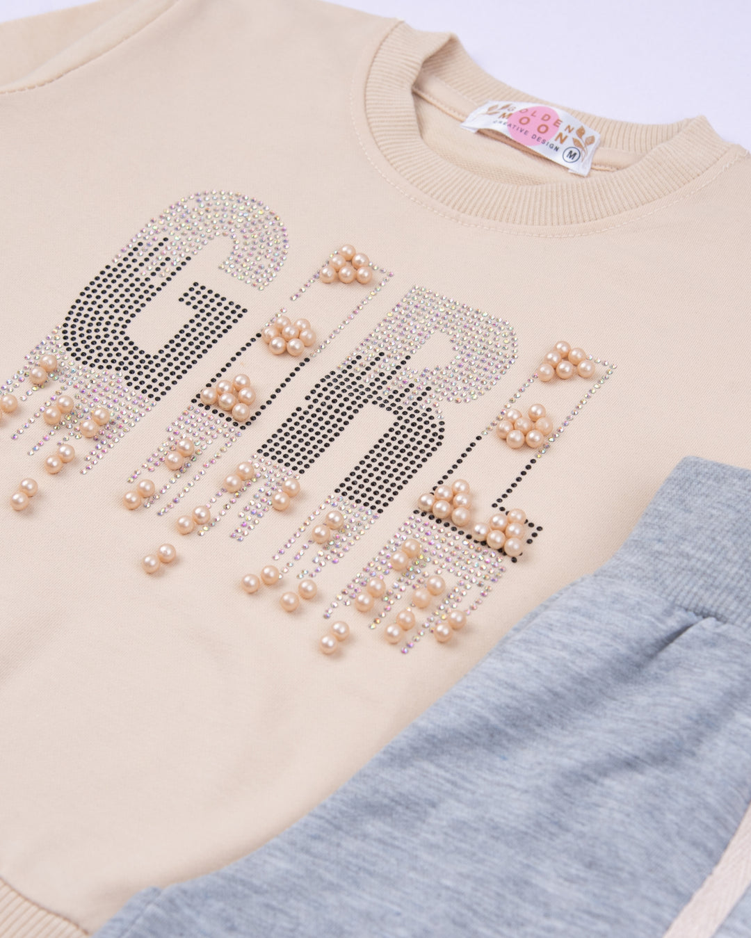 Girl Beige Sparkle Crewneck and Pant Set