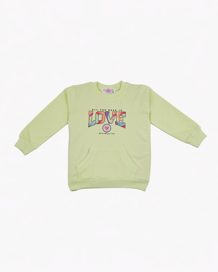 Girl Kangaroo Pocket Yellow Crewneck Sweatshirt