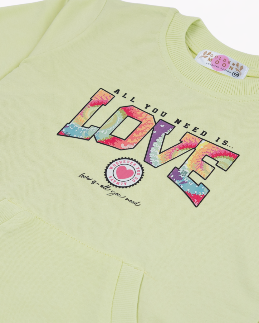 Girl Kangaroo Pocket Yellow Crewneck Sweatshirt