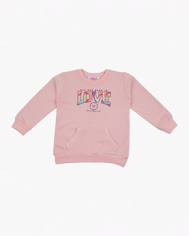 Girl Kangaroo Pocket Pink Crewneck Sweatshirt