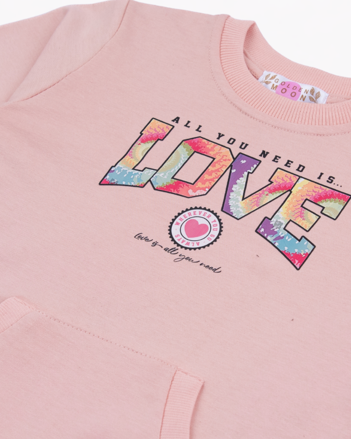 Girl Kangaroo Pocket Pink Crewneck Sweatshirt