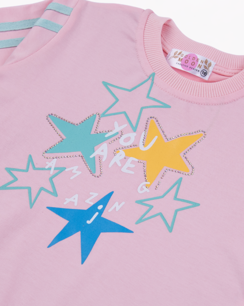 Girl Star Print Pink Crewneck Sweatshirt