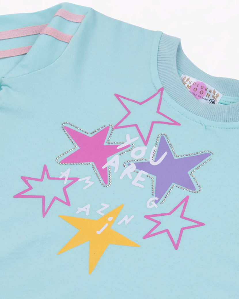Girl Star Print Green Crewneck Sweatshirt