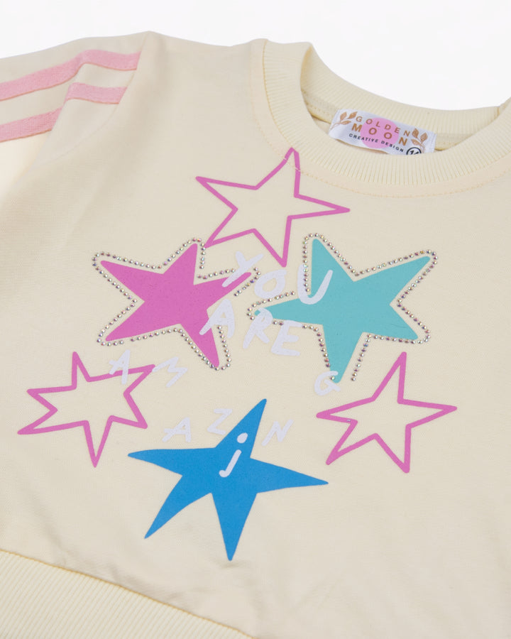 Girl Star Print Yellow Crewneck Sweatshirt