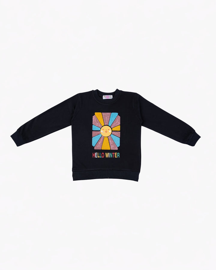 Girl Hello Winter Black Crewneck Sweatshirt