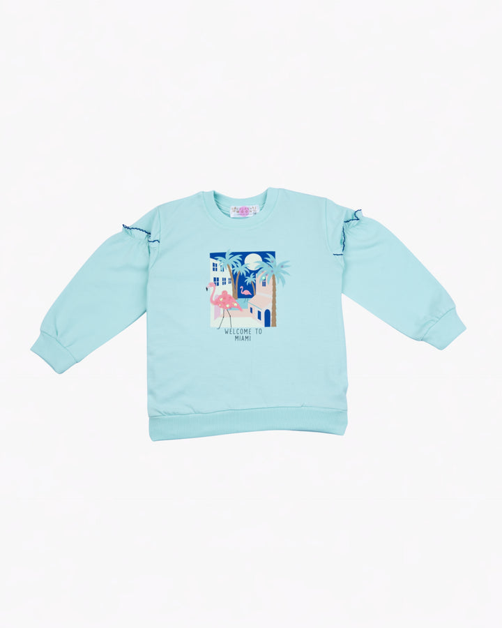 Girl Vacation Vibes Green Ruffle Sleeve Sweatshirt