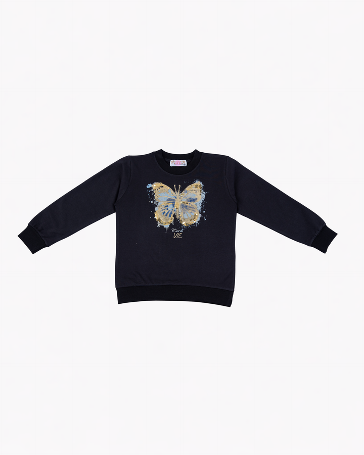 Girl Butterfly Black Crewneck Sweatshirt