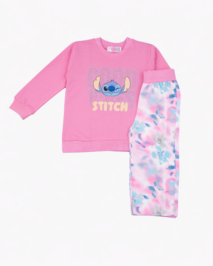 Girl Pink Stitch Crewneck and Tie-Dye Pant Set